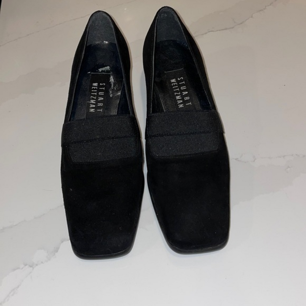 Stuart Weitzman Black Suede Square Toe Loafers